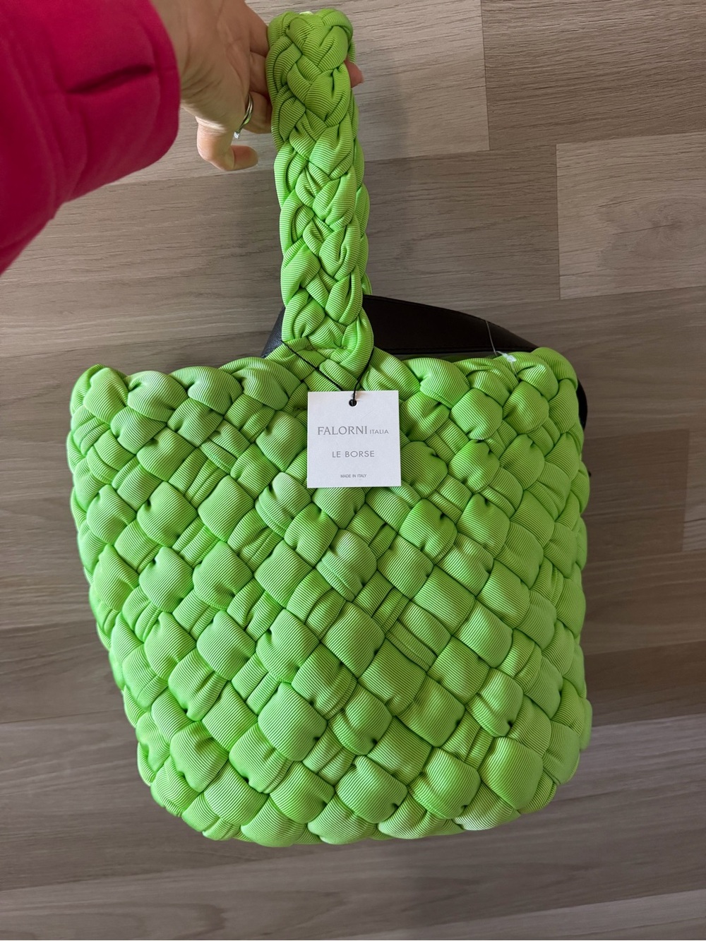 Falor F3055 Handwoven Neon Green Ribbon Bucket Bag With Braided Handle